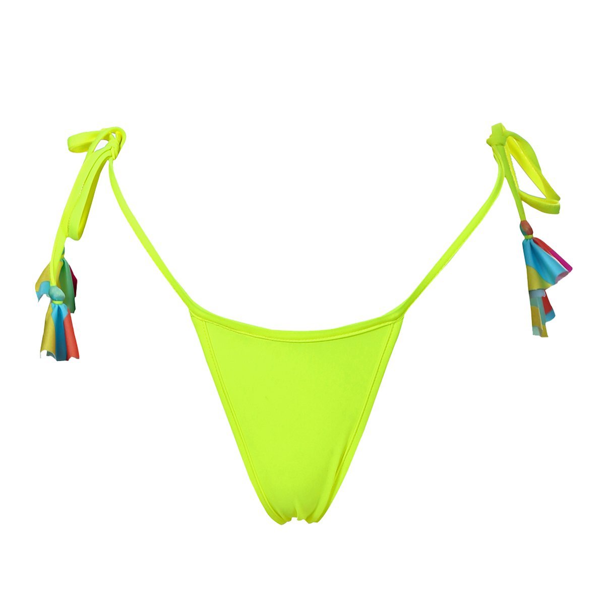 Tie side string micro bikini bottom neon yellow with tassels