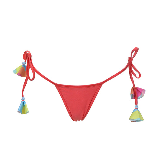 Tie side string micro bikini bottom neon red with tassels